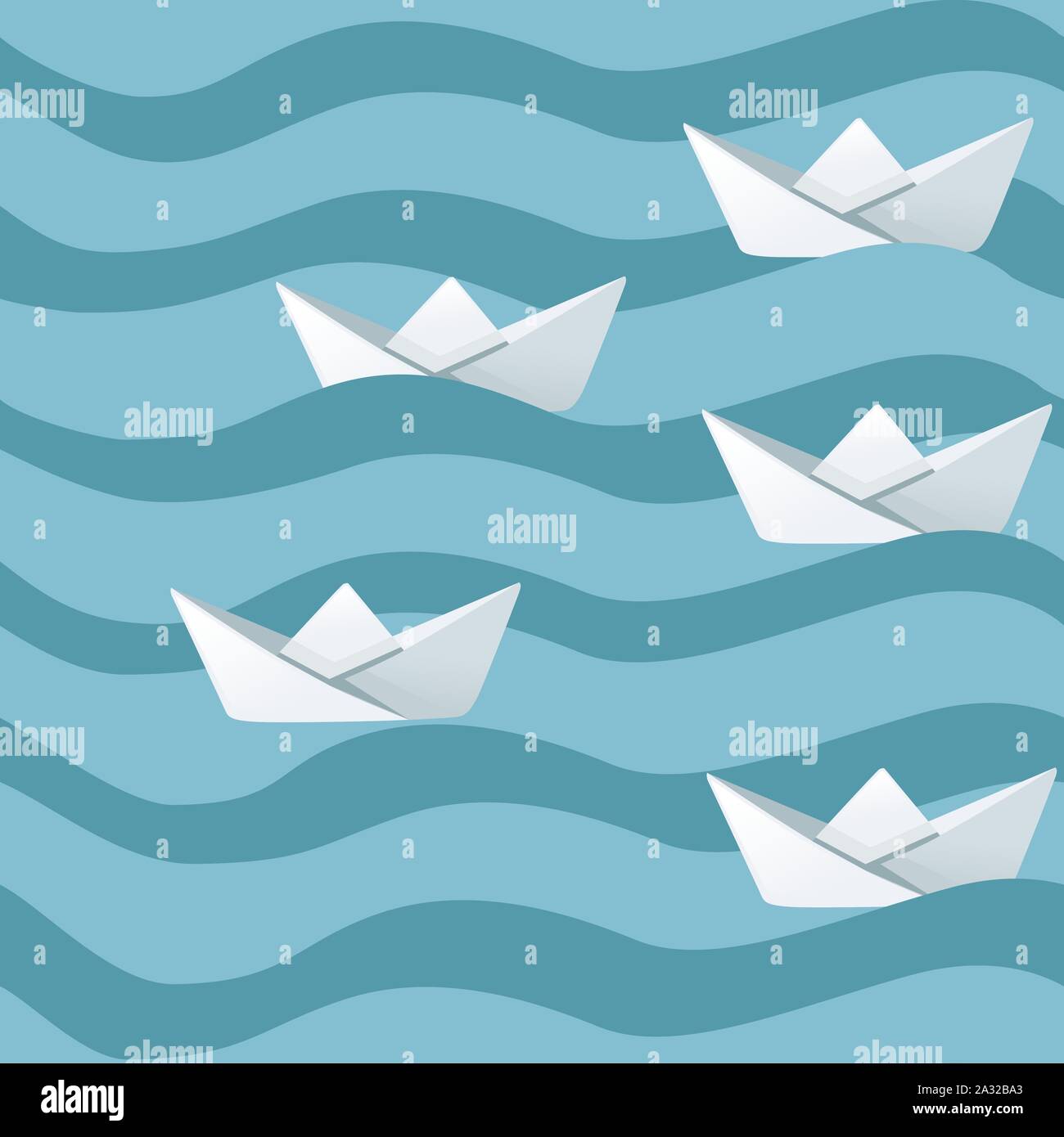 Group of white folded paper boats on abstract sea waves flat vector