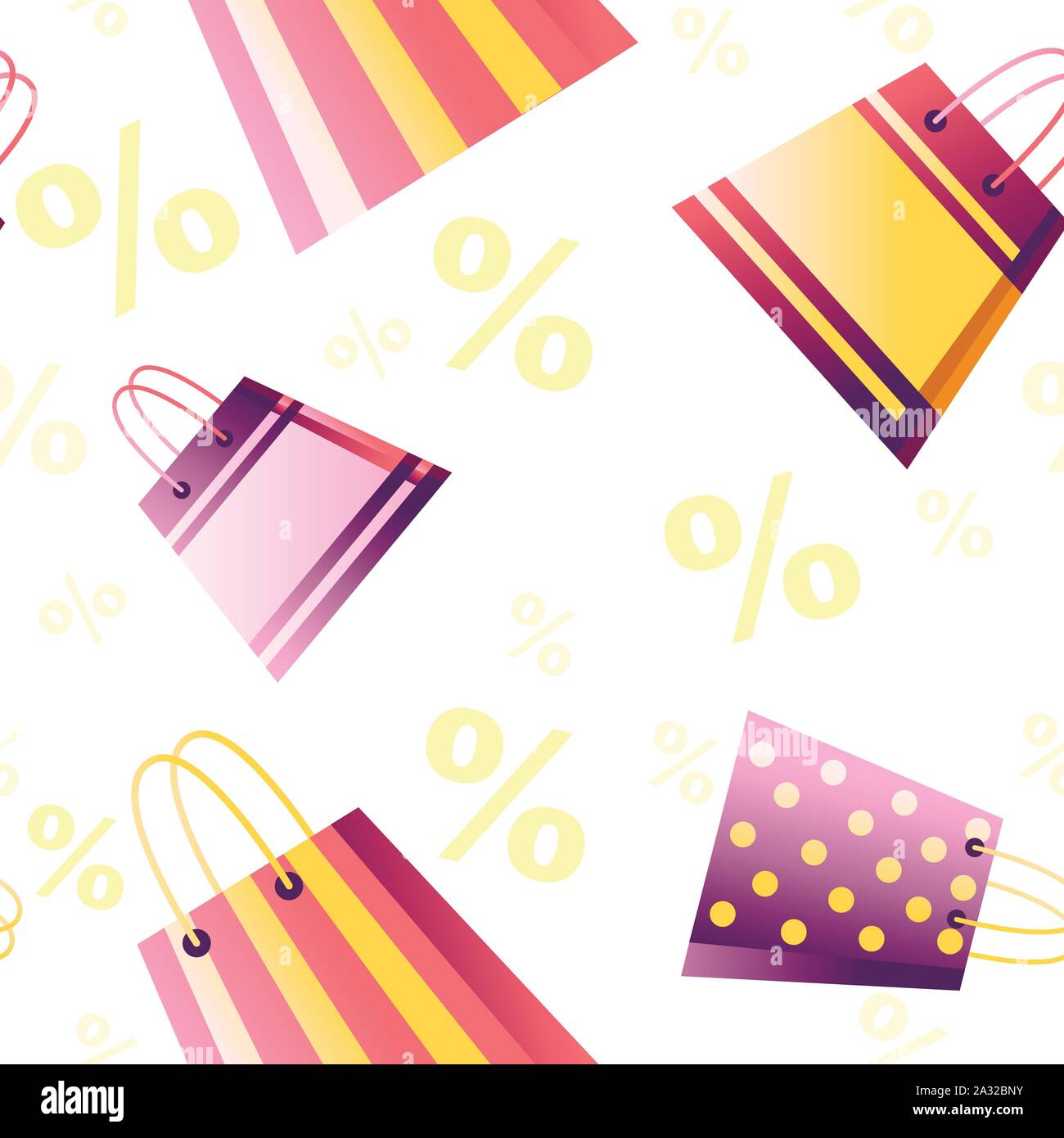 Seamless pattern of shopping paper bag with sale tag % flat vector illustration on white background with percentage symbol. Stock Vector