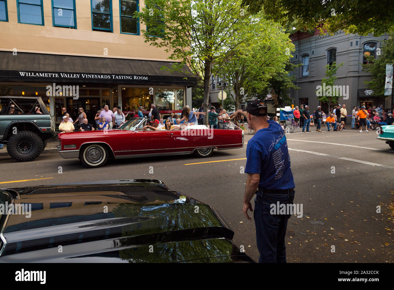 MCMINNVILLE, OR, USA - AUG 24, 2019: A vintage car rally in the center of downtown Mcminnville, OR. Stock Photo