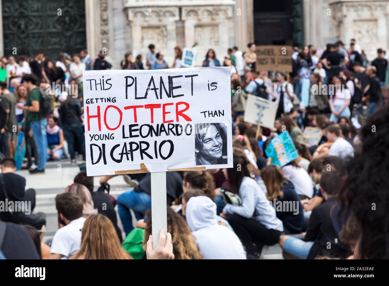 Milan,Italy - 27 September, 2019: Milano Duomo Square, Global strike for climate change. Students voice their friday for future, with Greta Thunberg Stock Photo