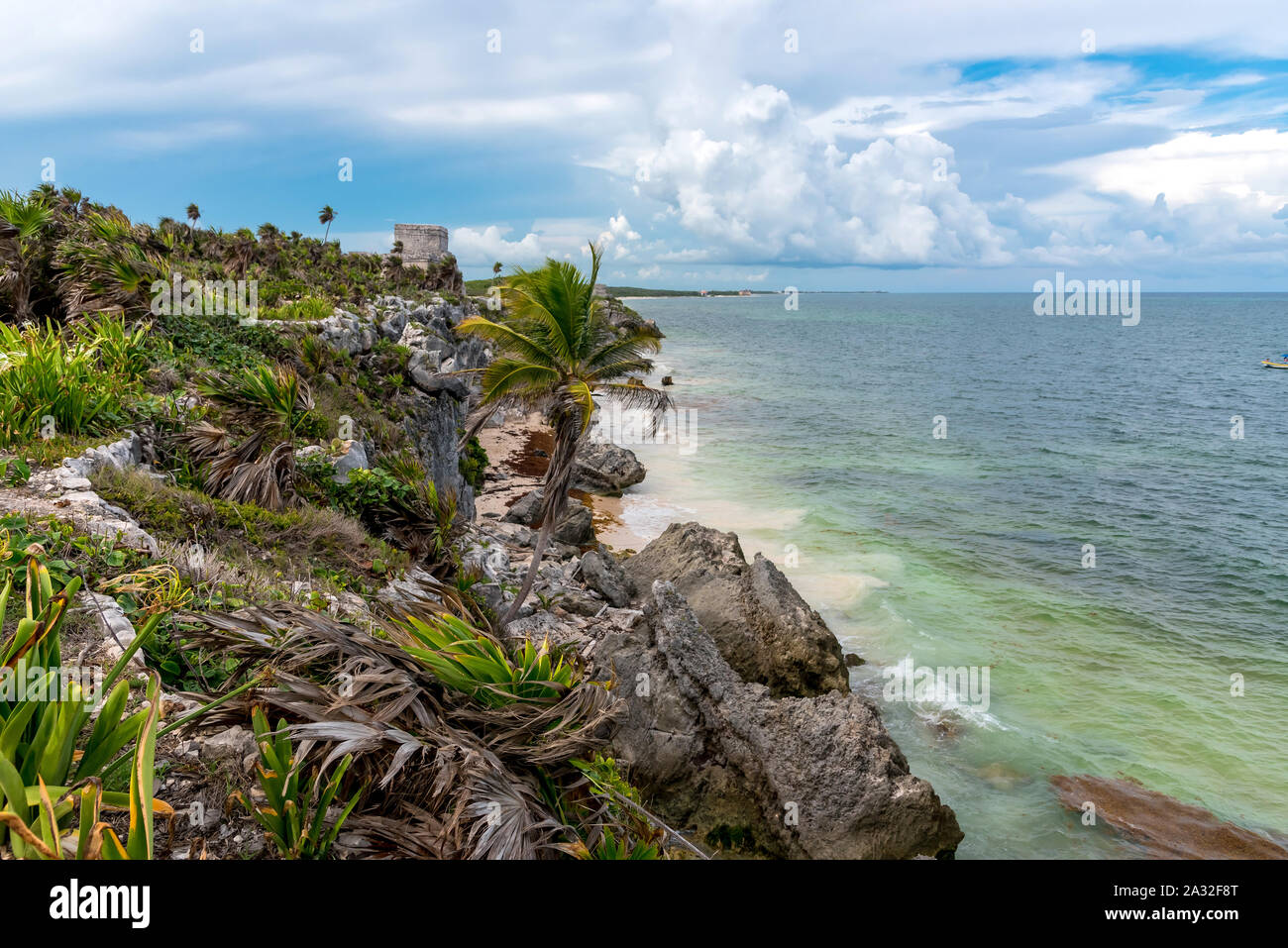 Views of the Yucatan Ruins of Tulum in the Caribbean on a sunny day. Mexico Stock Photo