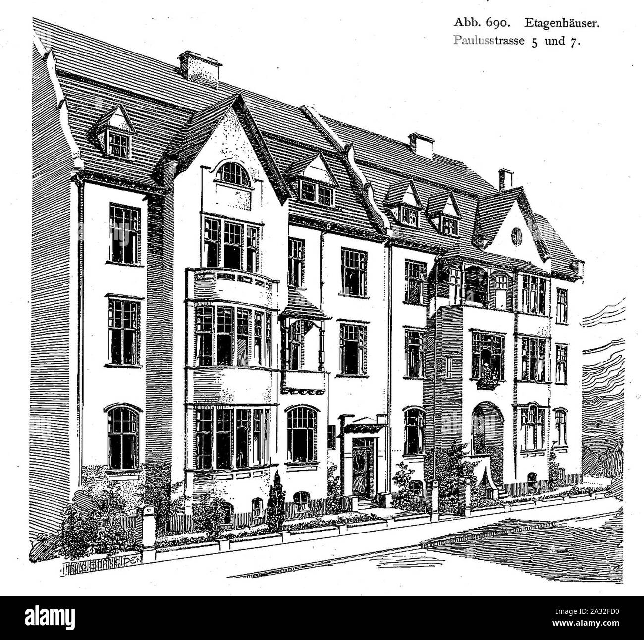 Etagenhäuser Paulusstraße 5 und 7 in Düsseldorf, entworfen vor 1904 von dem Düsseldorfer Architekten Thilo Schneider. Stock Photo