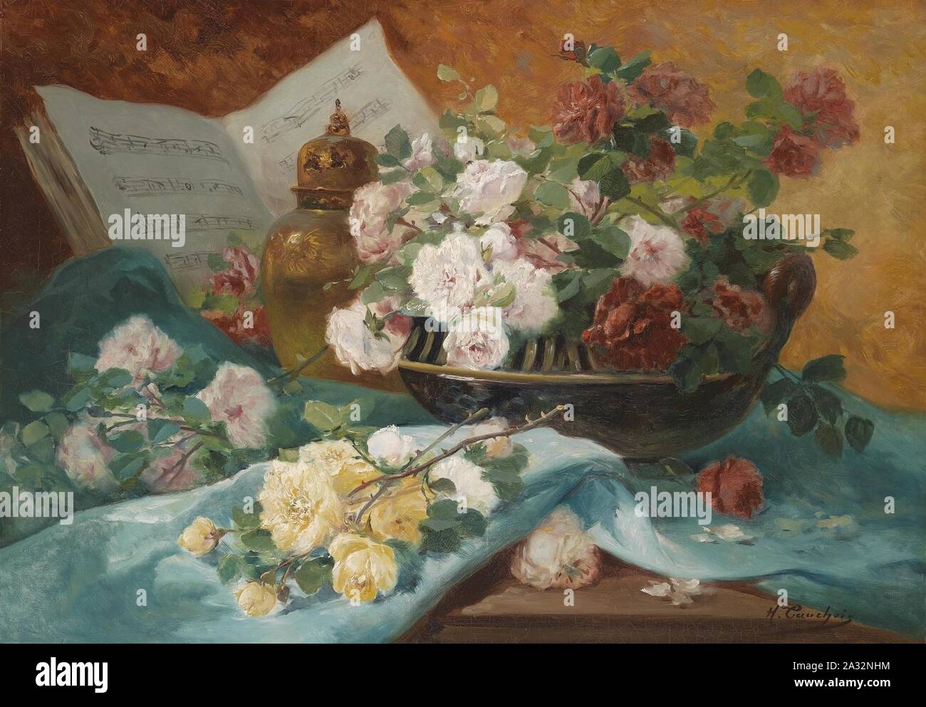 Eugene Henri Cauchois Stillleben mit Rosen in einer Schale. Stock Photo