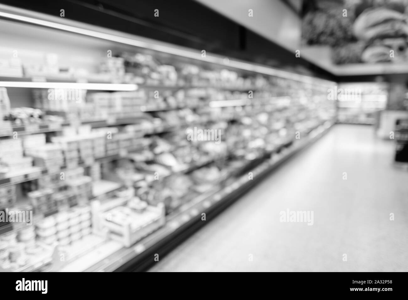 Defocused View Of Supermarket in black and white Stock Photo