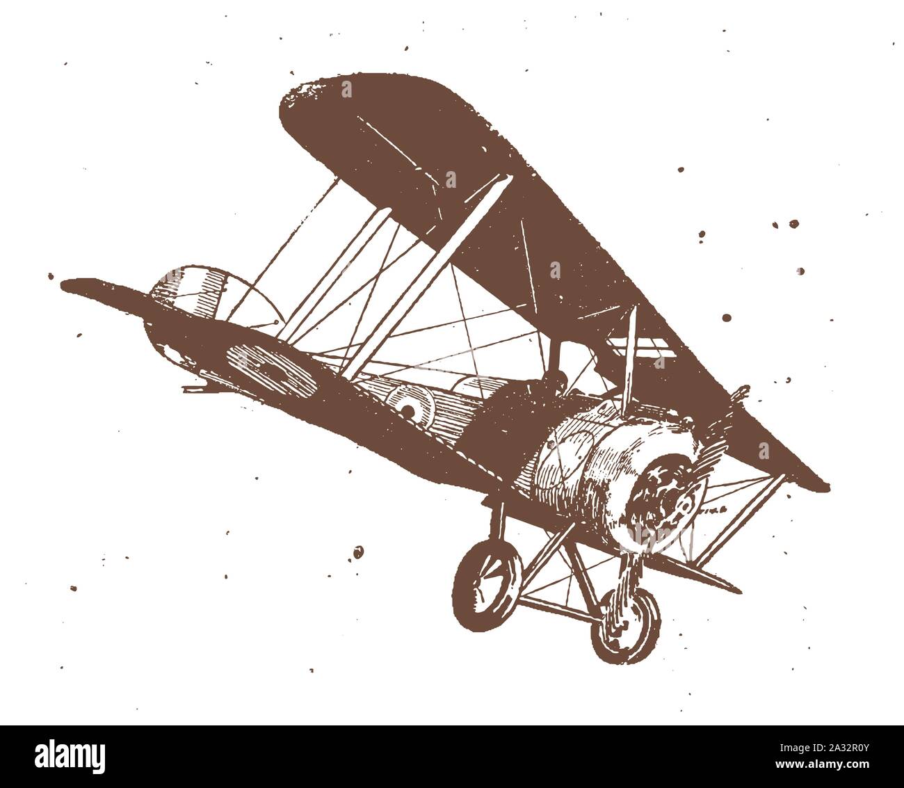 Flying historic biplane pitching down. Illustration after a lithography from the early 20th century Stock Vector