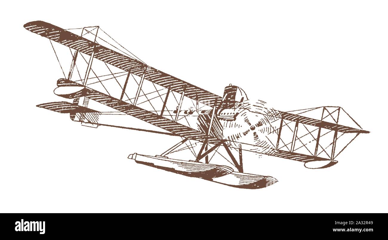 Flying historic biplane-seaplane. Illustration after a lithography from the early 20th century Stock Vector