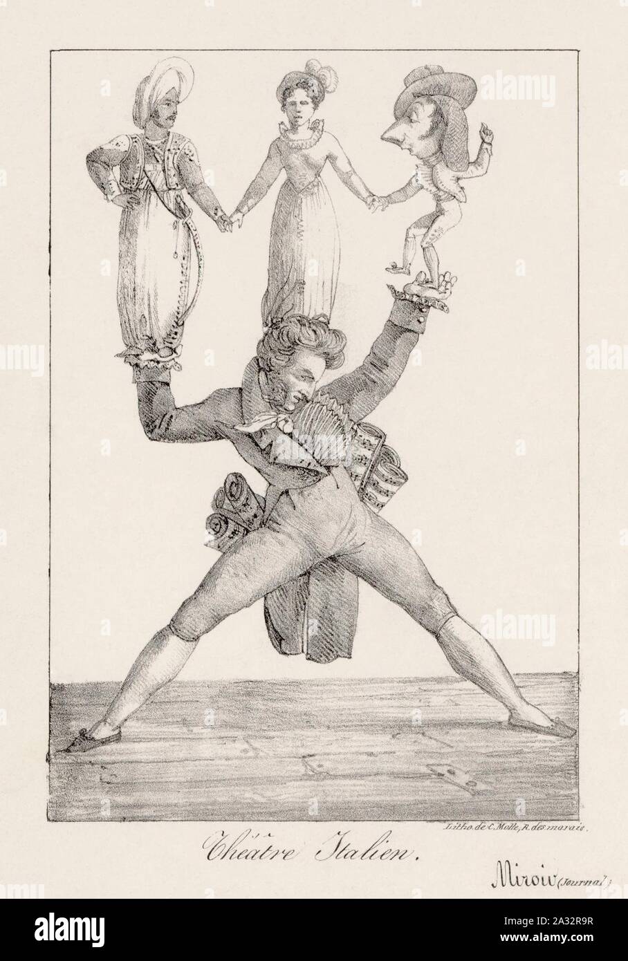 Eugène Delacroix - Rossini soutenant Manuel Garcia dans Otello, Mme Mainvielle-Fodor dans Rosine et Pellegrini dans le Barbier de Séville. Stock Photo
