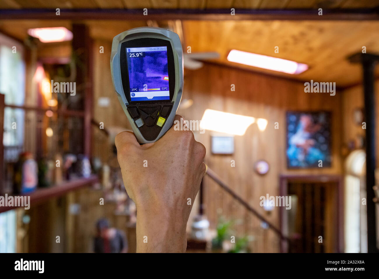 A closeup view on the rear display of an IR thermal imaging camera ...