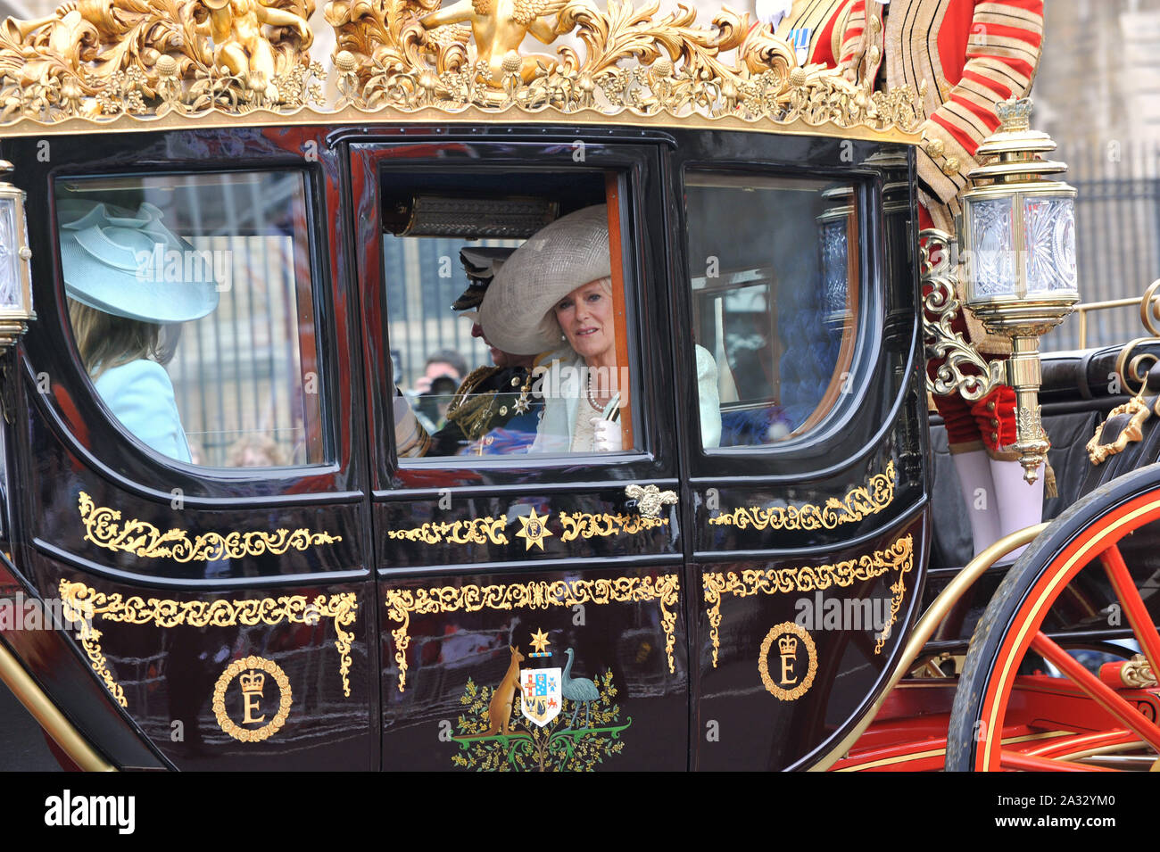 LONDON, UK. April 29, 2011: Camilla Duchess of Cornwall leaving Westminster Abbey following the royal wedding of Prince William & Kate Middleton. © 2011 Paul Smith / Featureflash Stock Photo