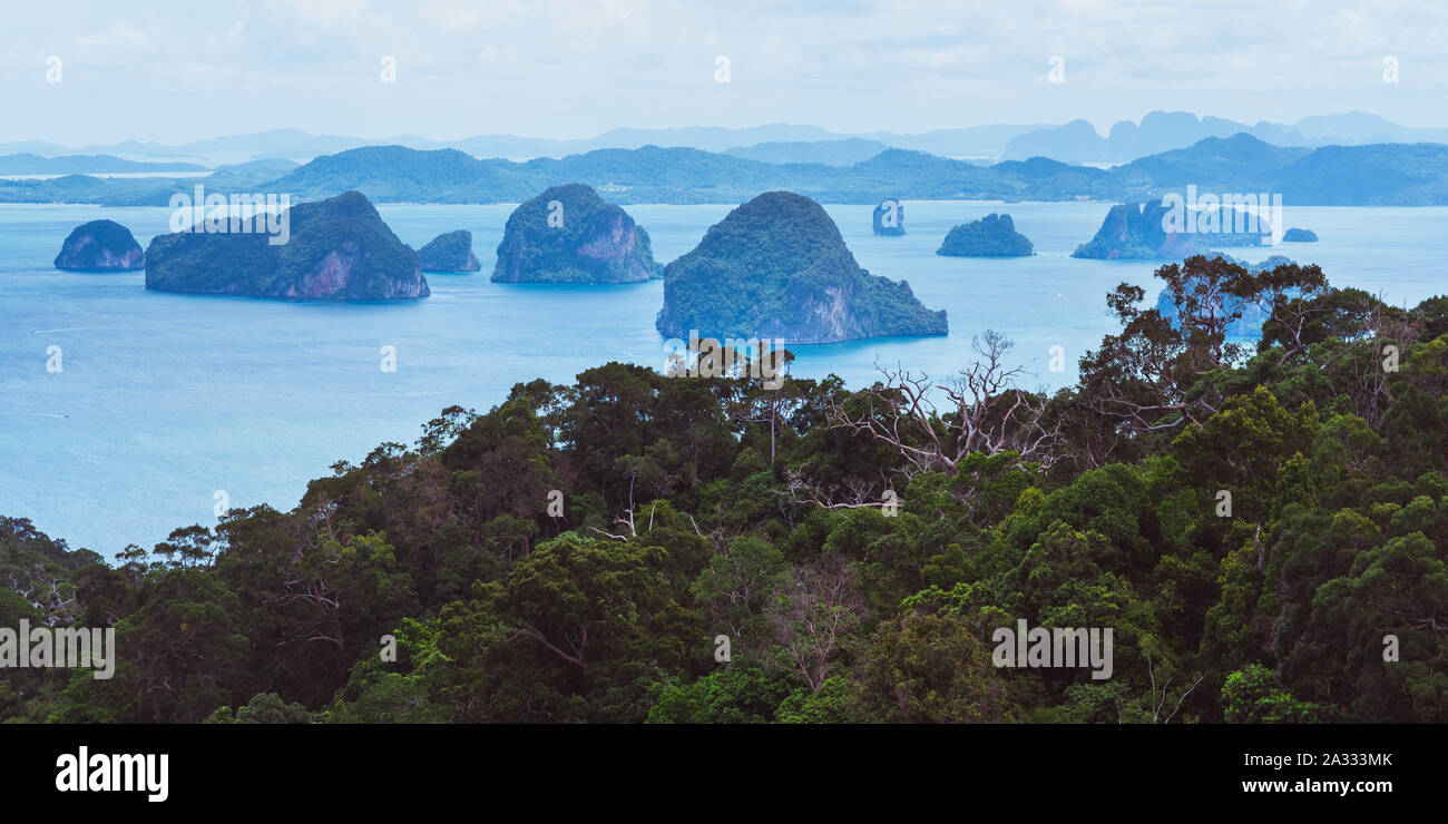 Tropical landscape with jungles and sea abundant with rocky islands. Nature of Thailand: the beauty of the famous Phang Nga Bay and Koh Hong Islands. Stock Photo