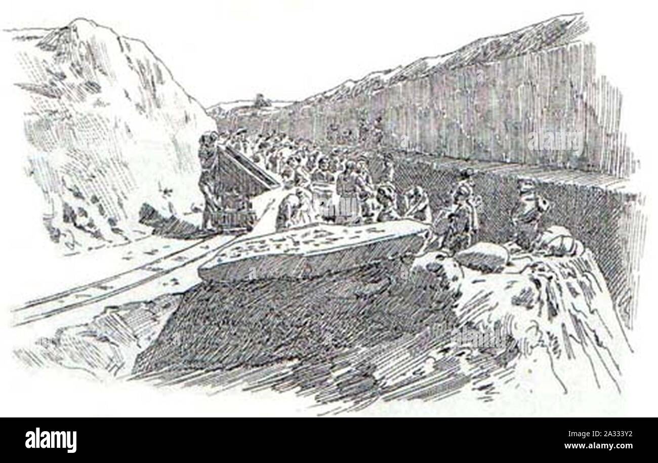 Excavation on the citadel of Susa (Iran) In the foreground the stele of Naram-sin. Drawing Stock Photo