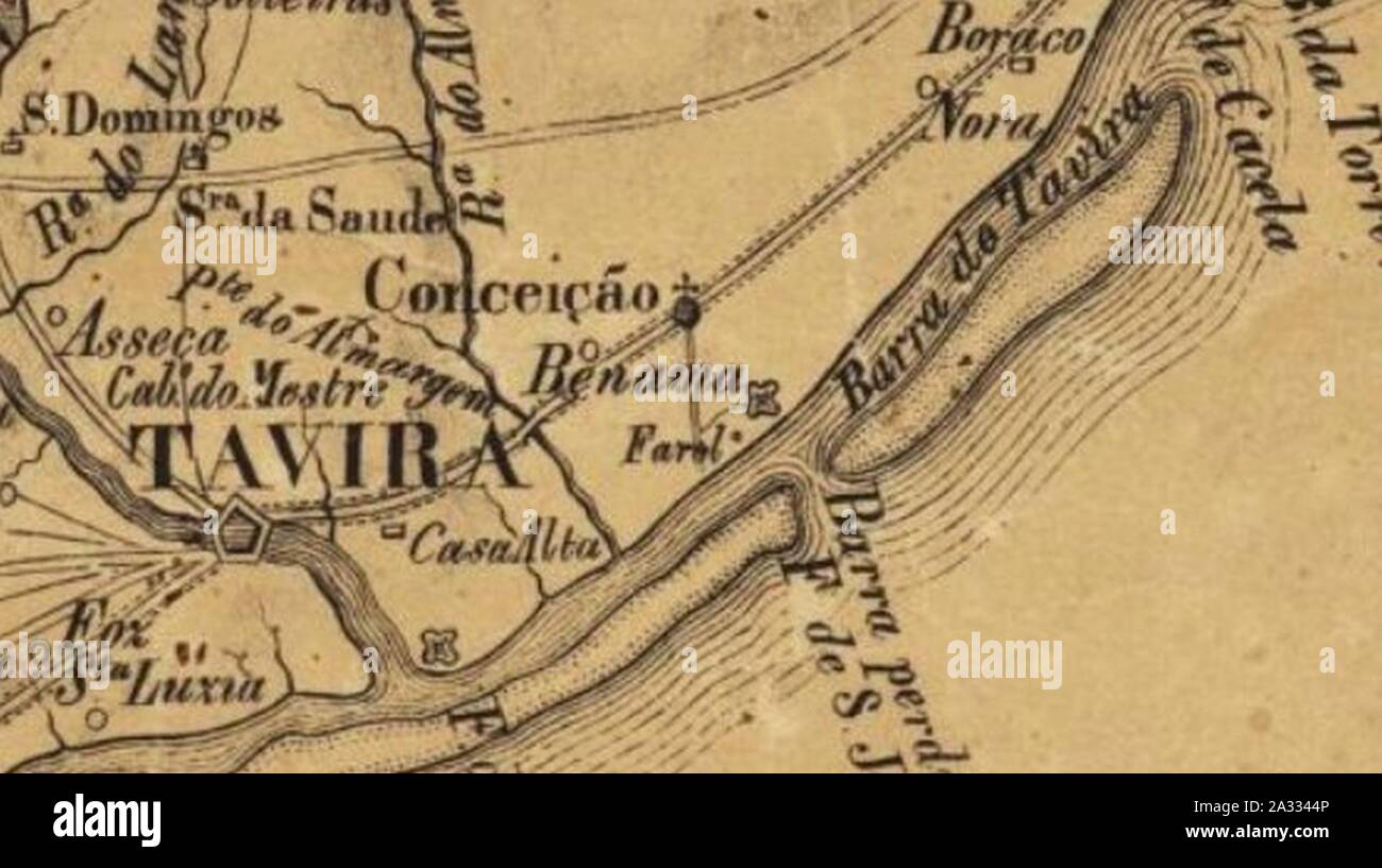 Excerto de ‘Carta Corográfica do Reino do Algarve‘ (1842) mostrando a zona litoral de Tavira. Stock Photo