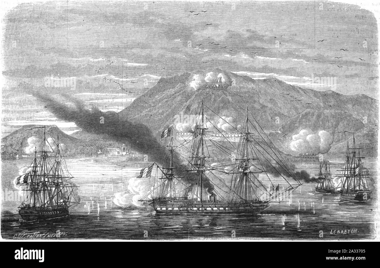 Expédition du Mexique. — Entrée de la division française dans la rade d'Acapulco, le 10 Janiver 1863. — D'après un croquis de M. H. H., aspirant de marine. Stock Photo