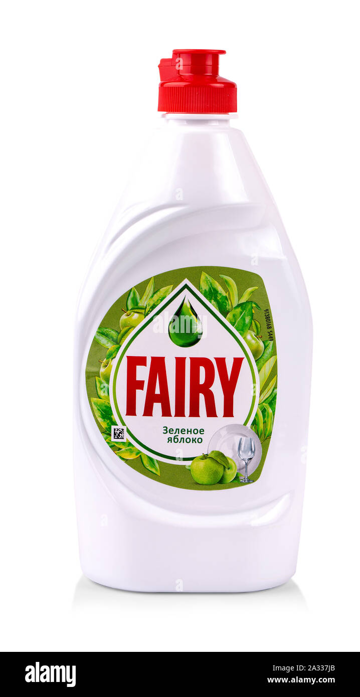 kamchatka, Russia - Oct 01, 2019: Fairy dish washing liquid. Fairy is a brand of washing-up liquid produced by Procter and Gamble. Stock Photo
