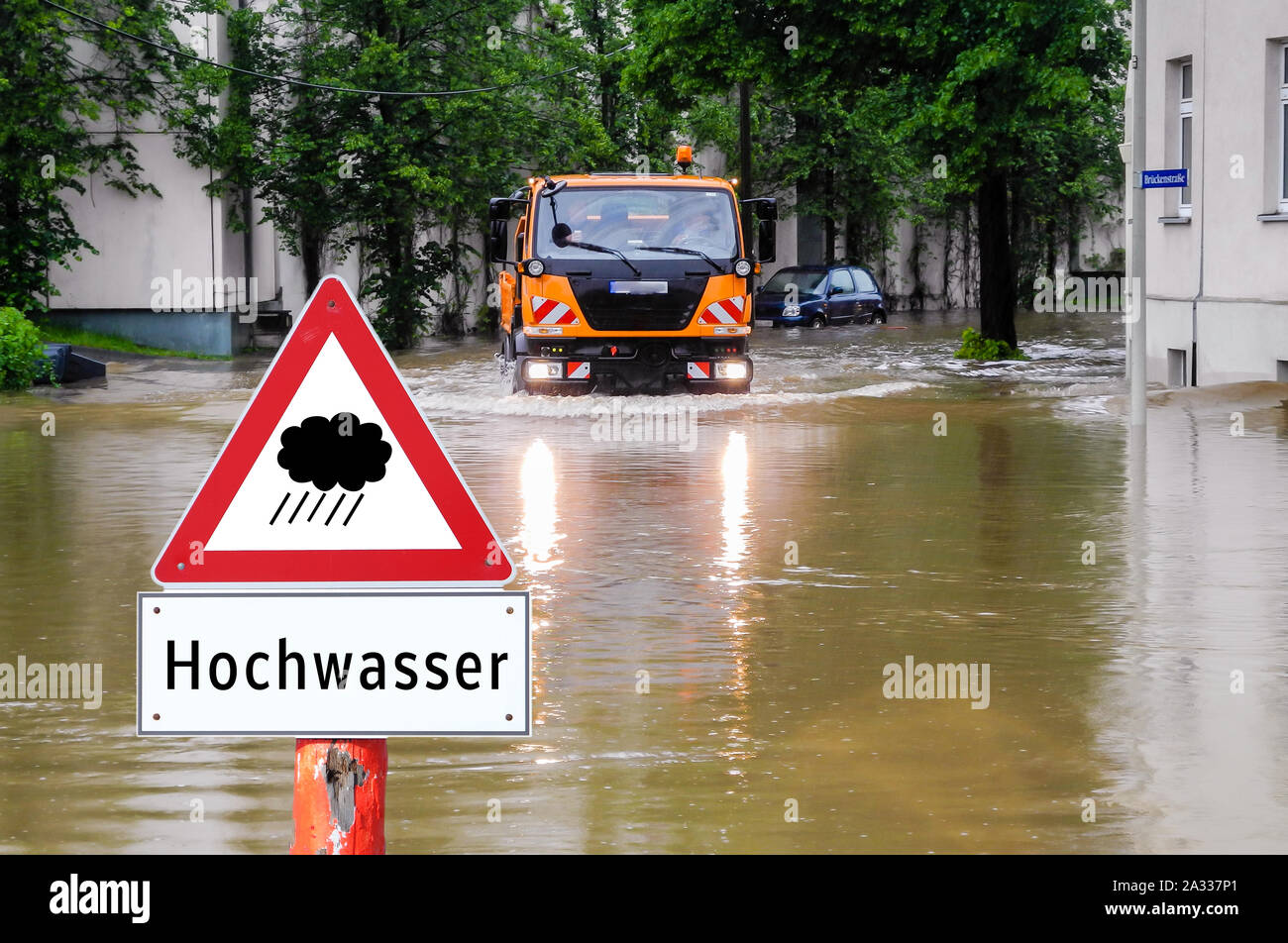 Flood warning sign Stock Photo