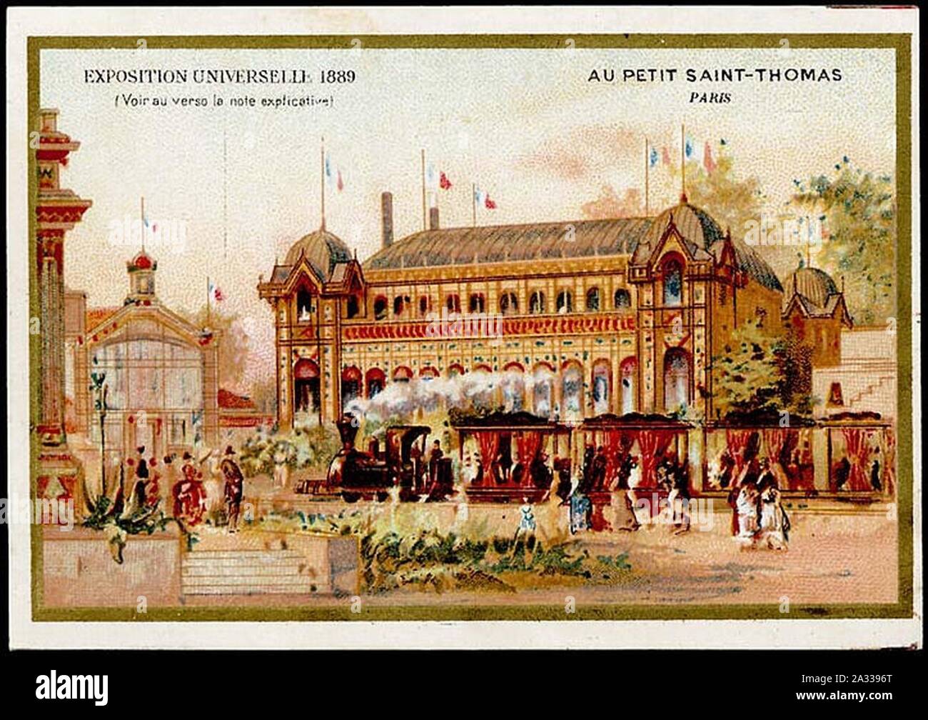 Exposition 1889 - Bouillon Duval Chemin de fer Decauville - Gare du chemin de fer de l'Exposition. Au Petit Saint-Thomas Paris (titre inscrit). Stock Photo