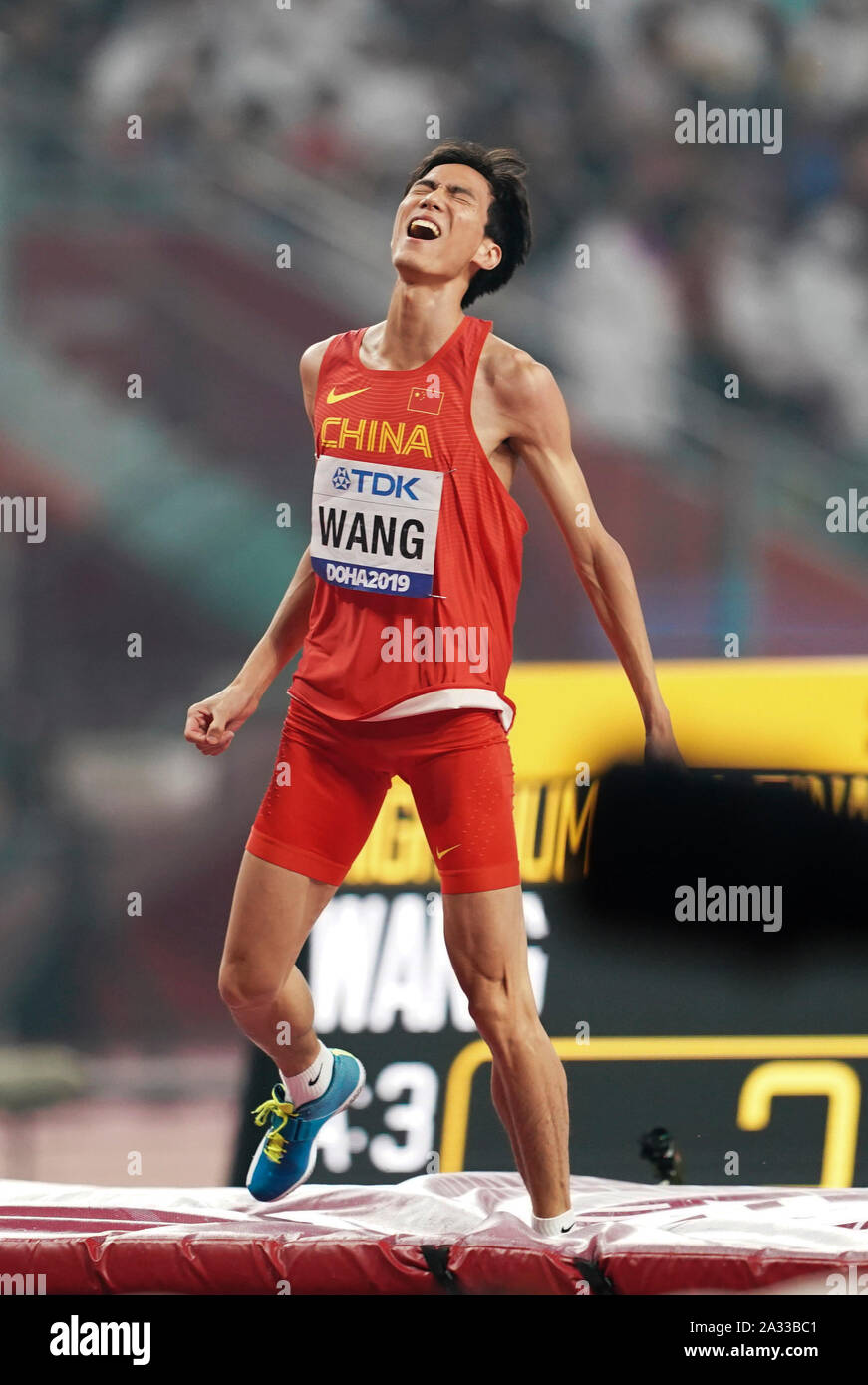 Doha, Qatar. 4th Oct, 2019. Wang Yu of China reacts during the men's