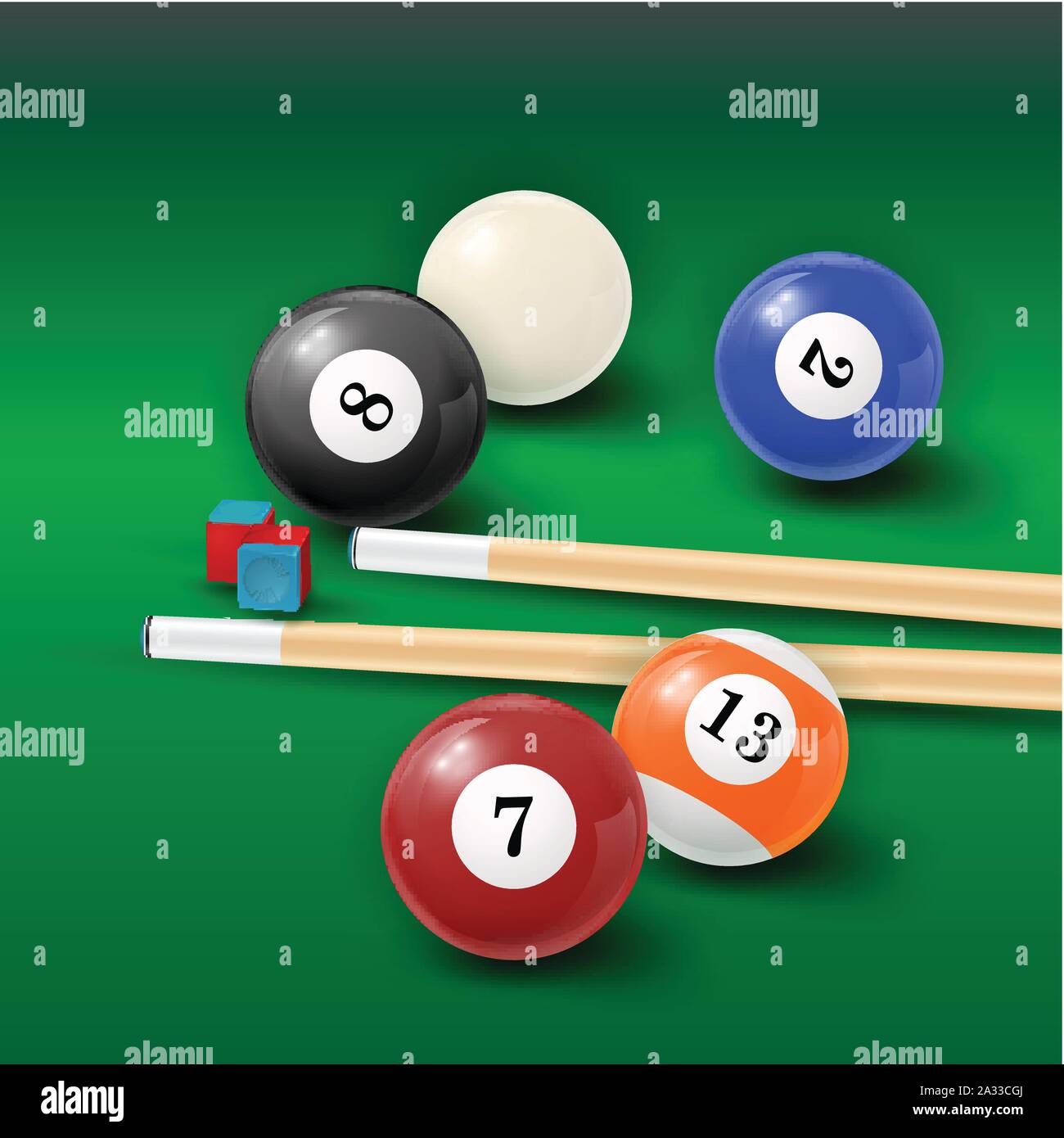 Pool table background illustration with billiard balls and billiard chalk and cue Stock Vector