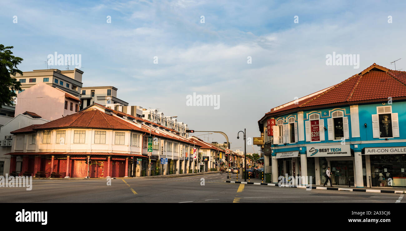 Singapore, 06 Aug 2015: Sunrise at historical street with old shophouses. Stock Photo