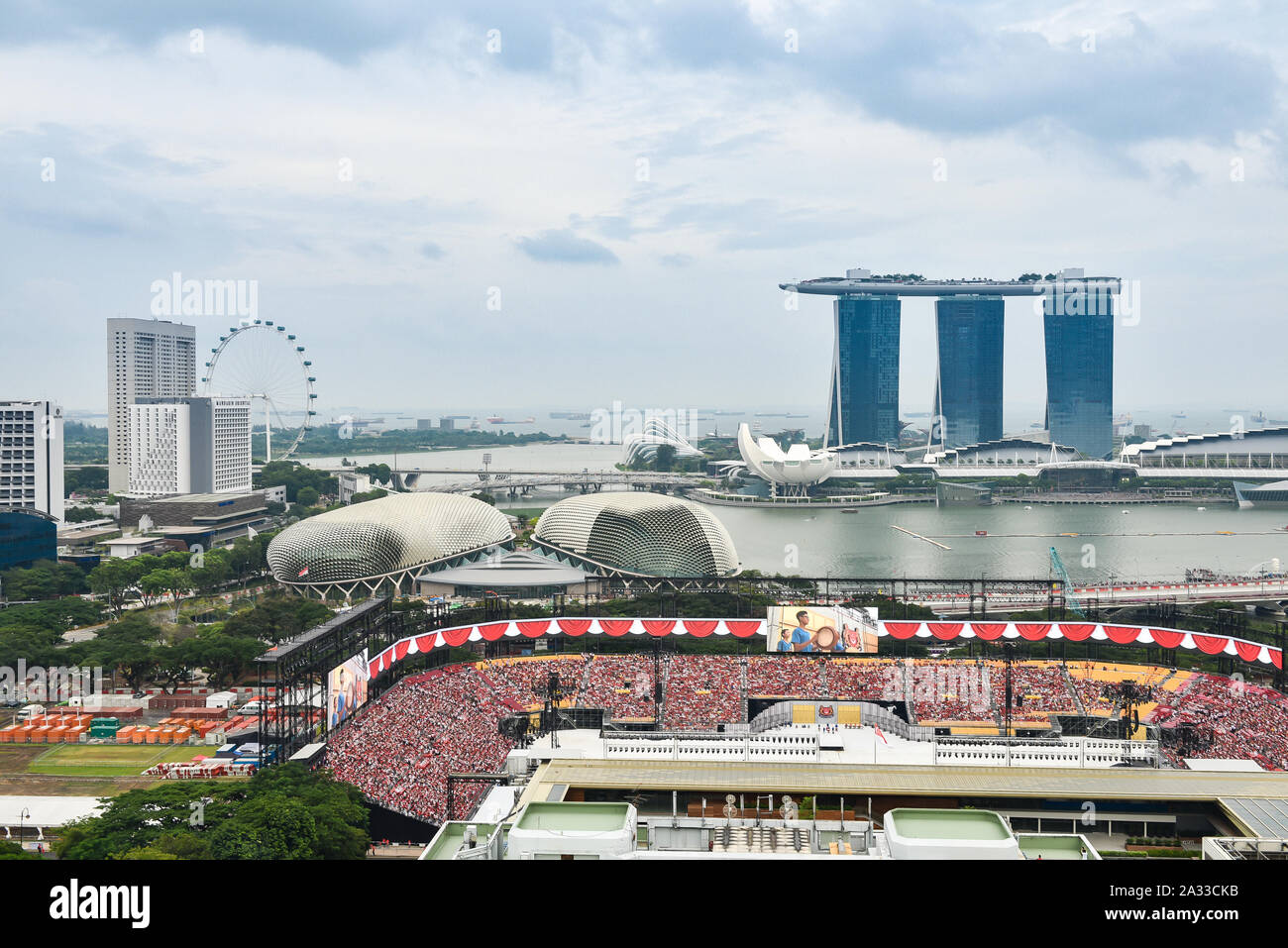 Singapore, 04 July 2015: Singapore city view of Marina Bay and skyscrapers during National Day Parade rehearsal. Stock Photo