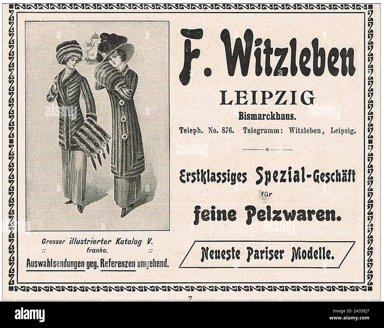 F. Witzleben Leipzig Spezial-Geschäft für Pelzwaren Anzeige 1910. Stock Photo