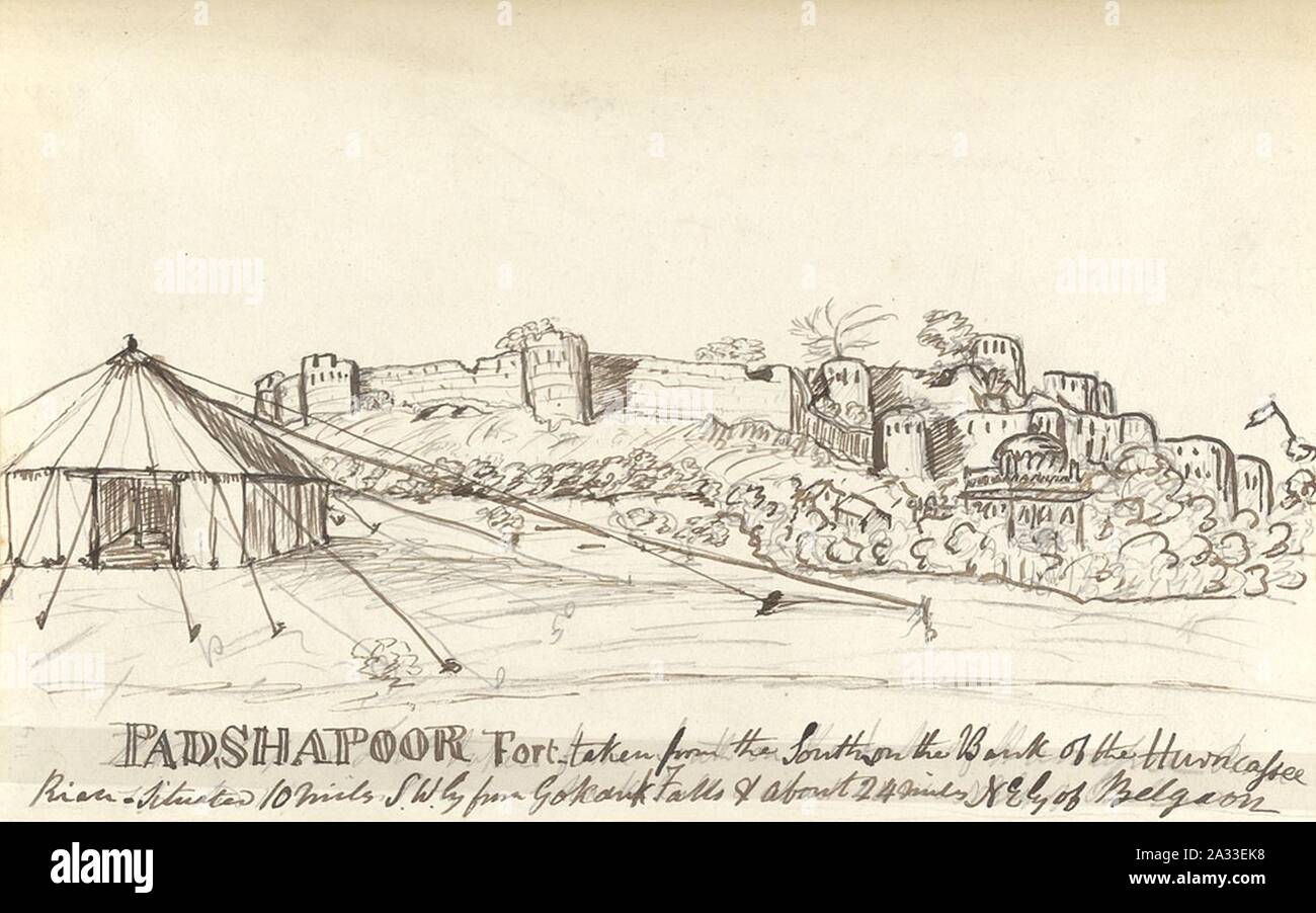 F.57v' Padshapoor Fort taken from the South on the Bank of the Hurncassee River situated 10 miles S.W.ly from Gokauk Falls & about 24 miles N.E.ly of Belgaon..'. Stock Photo
