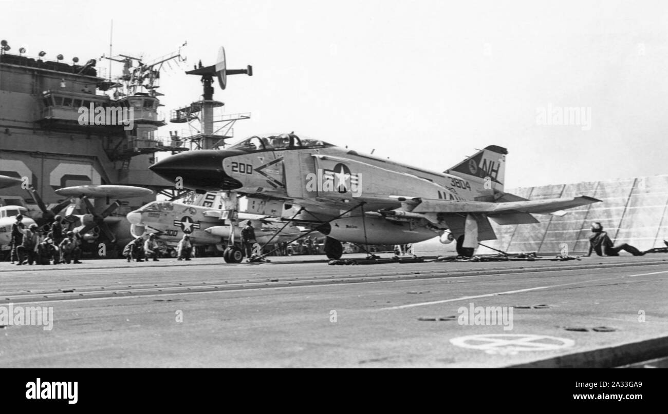 F-4J of VF-213 on cat of USS Kitty Hawk (CV-63) 1975. Stock Photo