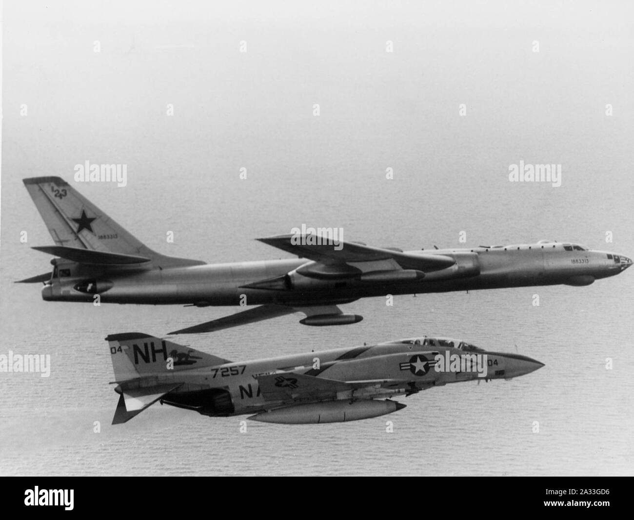 F-4J Phantom of VF-114 intercepting Soviet Tu-16 1975. Stock Photo