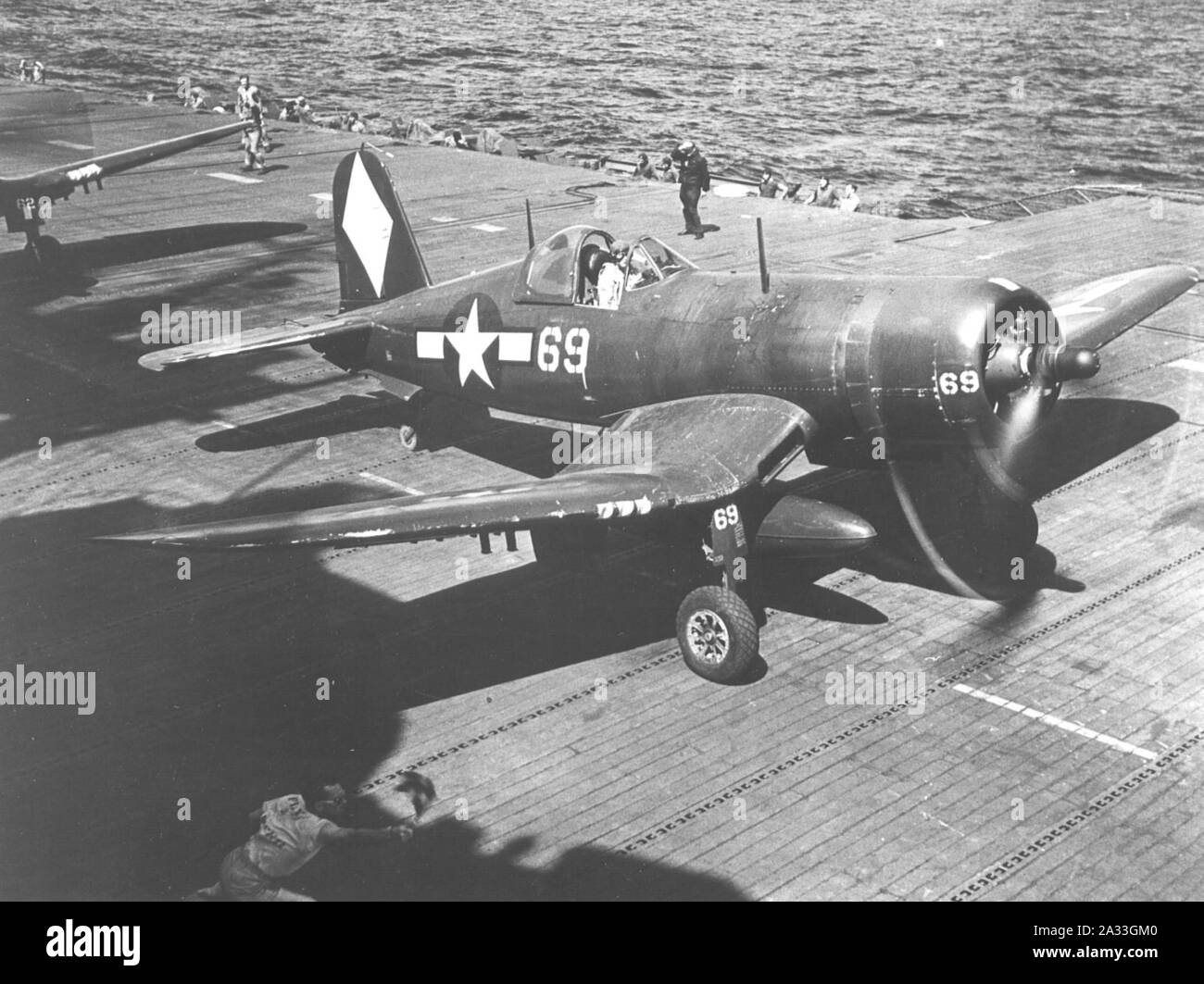 F4U-1D of VF-5 on USS Franklin (CV-13) 1945. Stock Photo