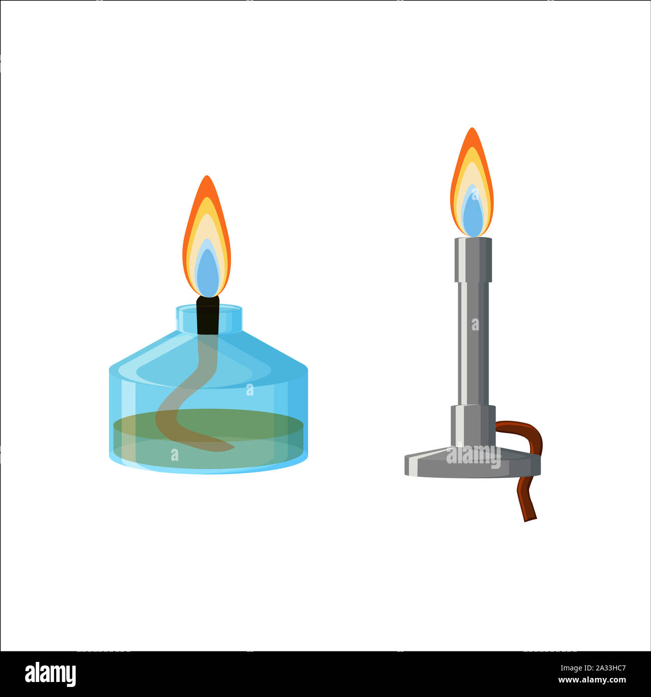 Alcohol spirit burner and Bunsen burner, illustration Stock Photo