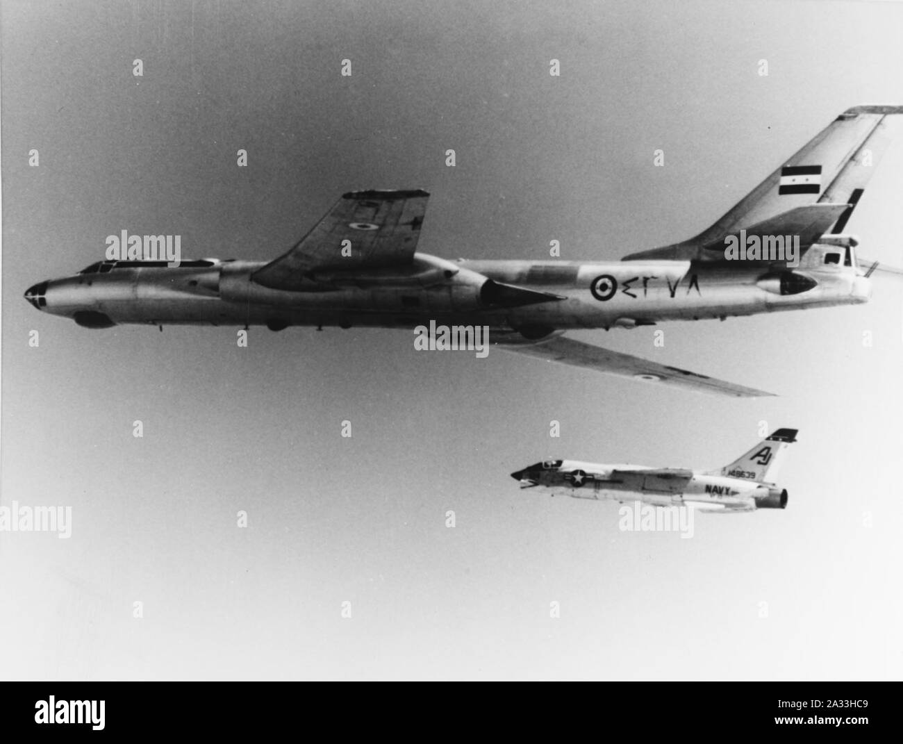 F-8H Crusader of VF-13 escorts Egyptian Tupolev Tu-16 in May 1969. Stock Photo
