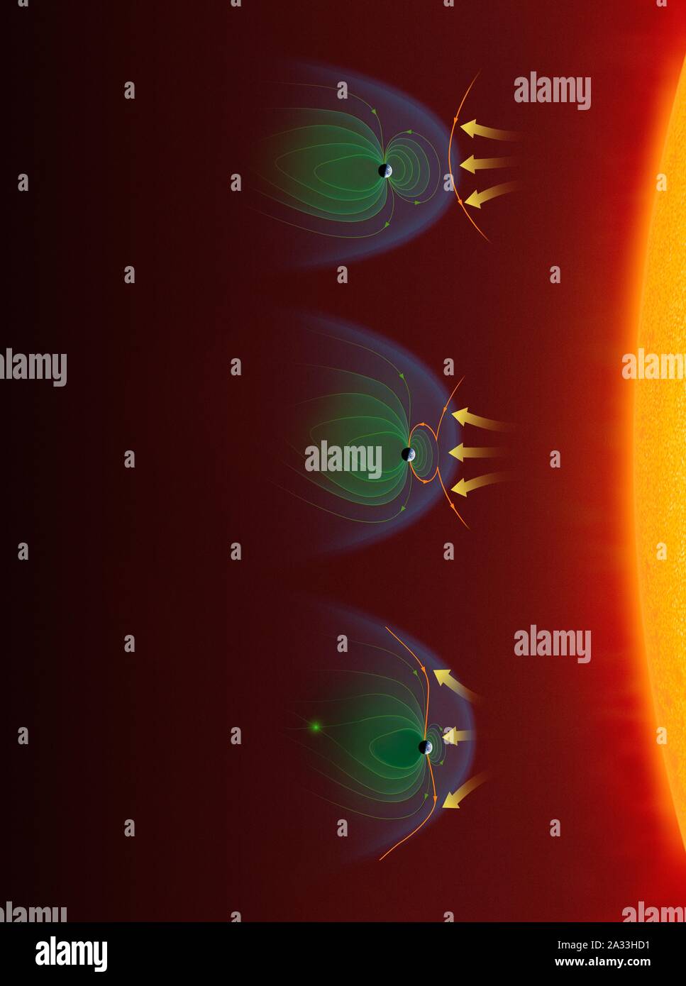 Coronal mass ejection and magnetosphere, illustration Stock Photo