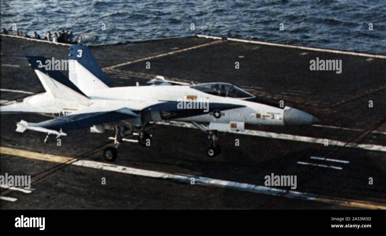 F-18A Hornet prototype landing on USS America (CV-66) 1979. Stock Photo