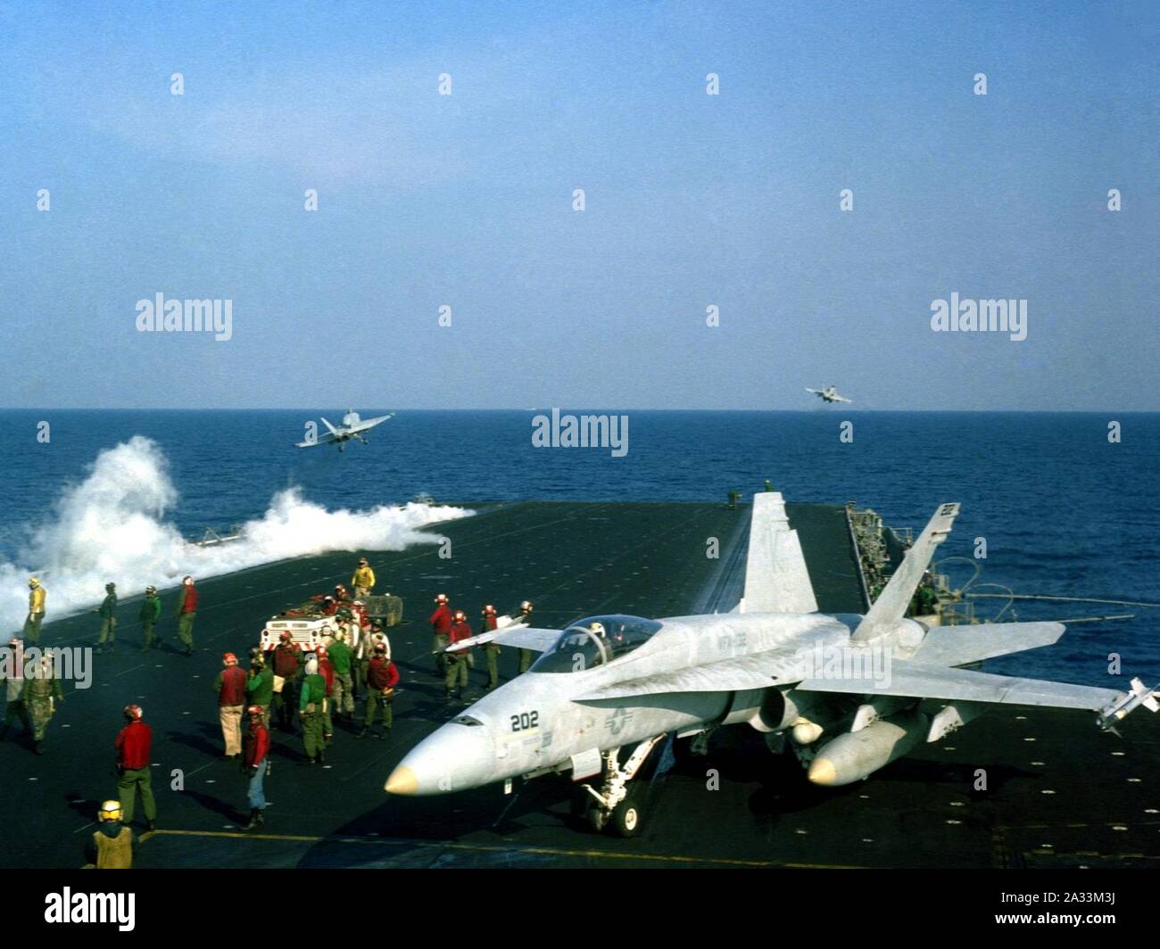 F-18A of VFA-132 on USS Coral Sea (CV-43) c1985. Stock Photo