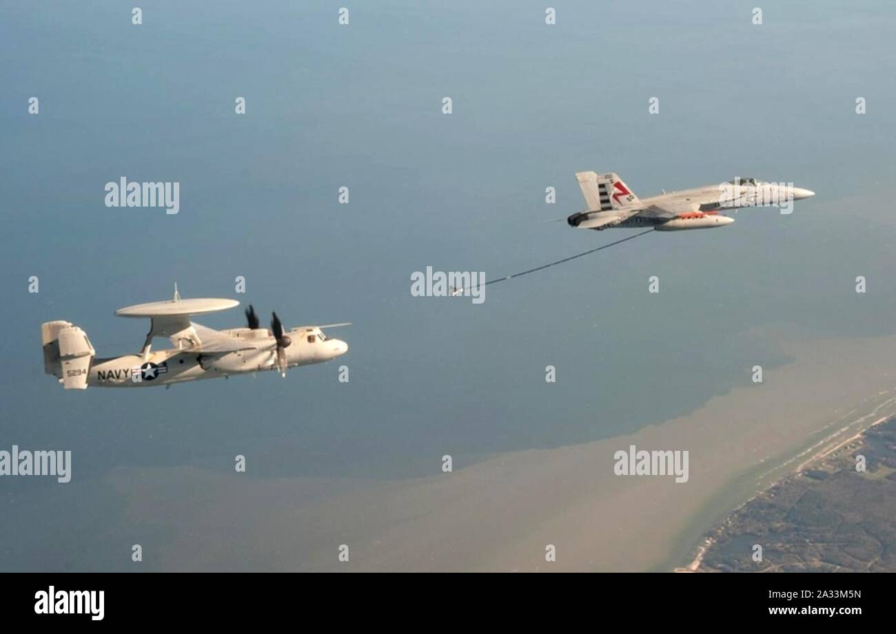 F-18E of VX-23 refuels E-2C during tests. Stock Photo