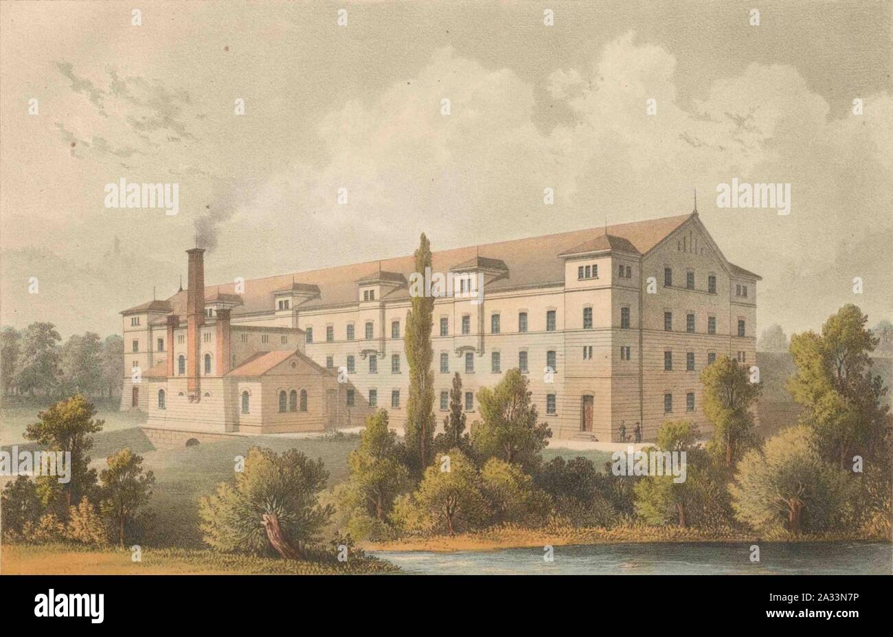 Fabrikgebäude der Herren Staub & Söhne in Altenstadt. Perspektivische Ansicht, 1855. Stock Photo