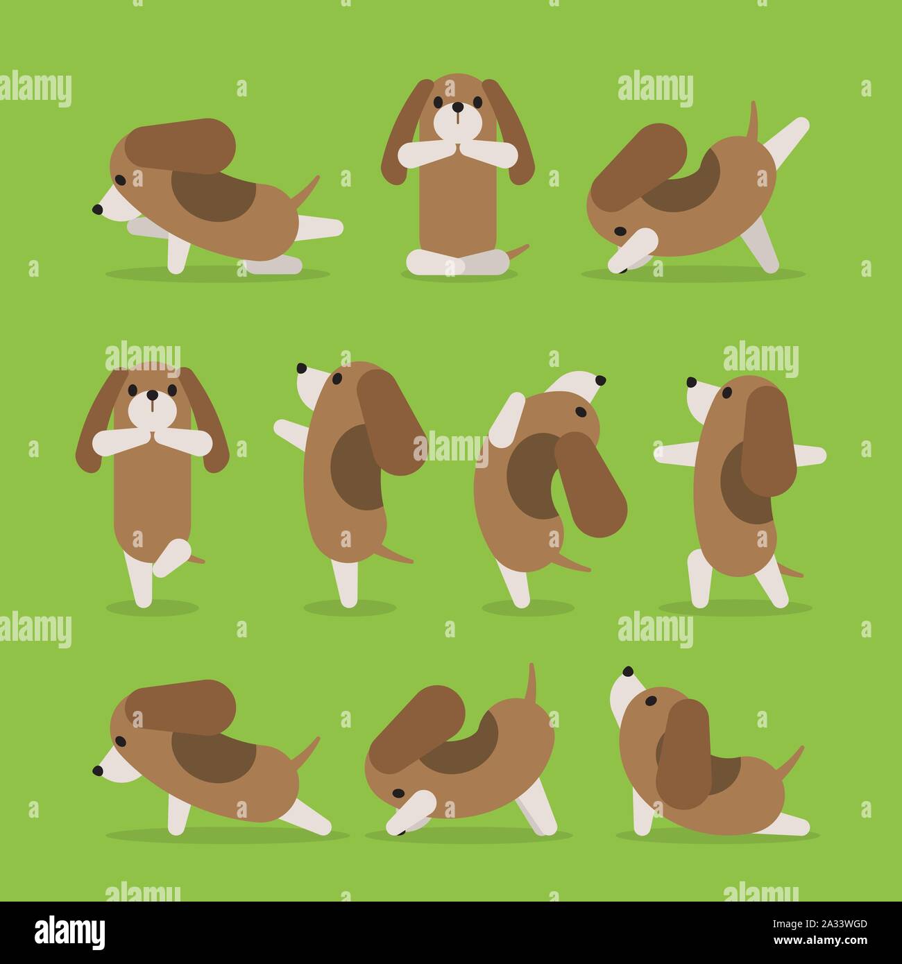 Set of dog doing yoga poses in several positions in flat style Stock Vector