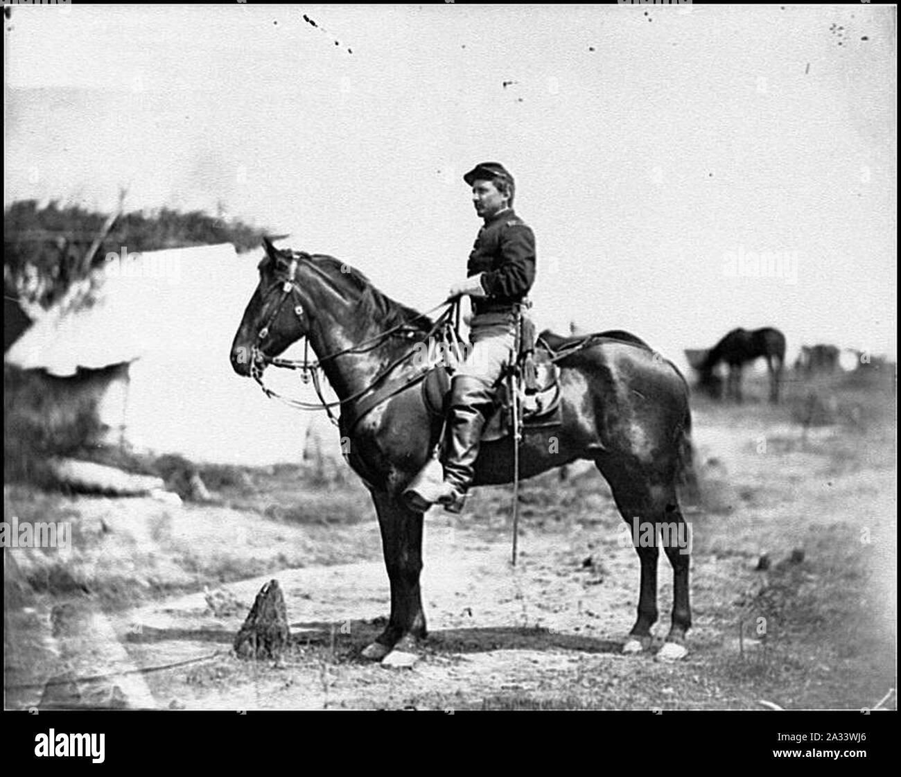 Falmouth, Va. Capt. Charles H. Howard, aide to Gen. Oliver O. Howard, on horseback at Army of the Potomac headquarters Stock Photo