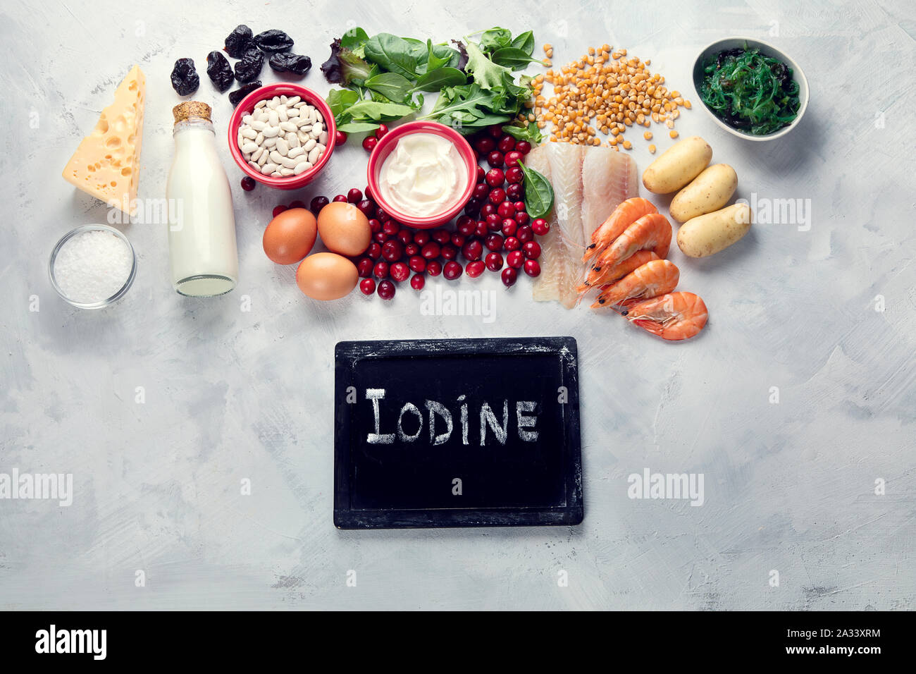 Healthy food containing iodine. Top view with copy space Stock Photo