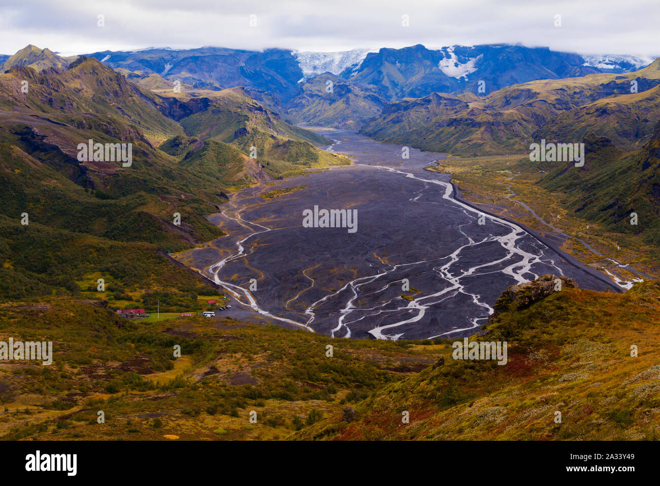 Mountain landscape and Krossa river in the Icelandic interior, Thorsmork, Iceland Stock Photo