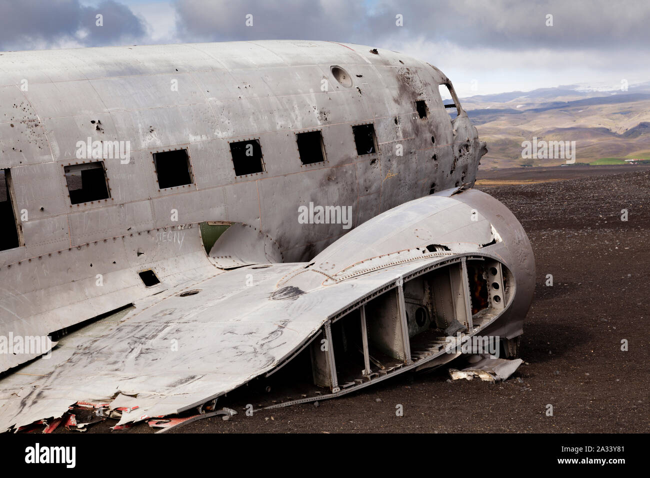 Airplane crash remains on beach of US Navy aircraft near Vik, Iceland Stock Photo