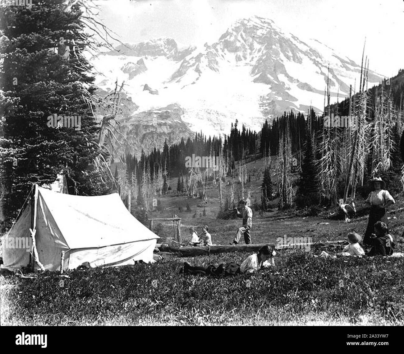 Family camping with tent at Indian Henry's Hunting Ground, Mount Rainier National Park, Washington, ca1907 (BAR 9). Stock Photo