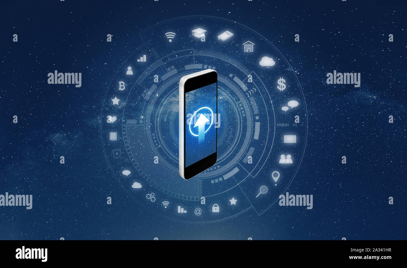 Mobile smart phone with application icons. Smart devices remote control and internet of things Stock Photo