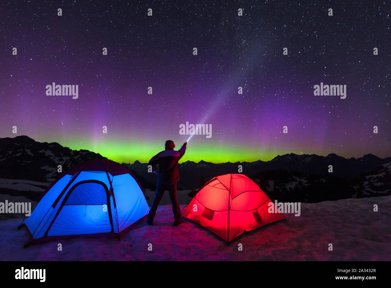Aurora Borealis lights up the Mt. Baker night sky in washington state