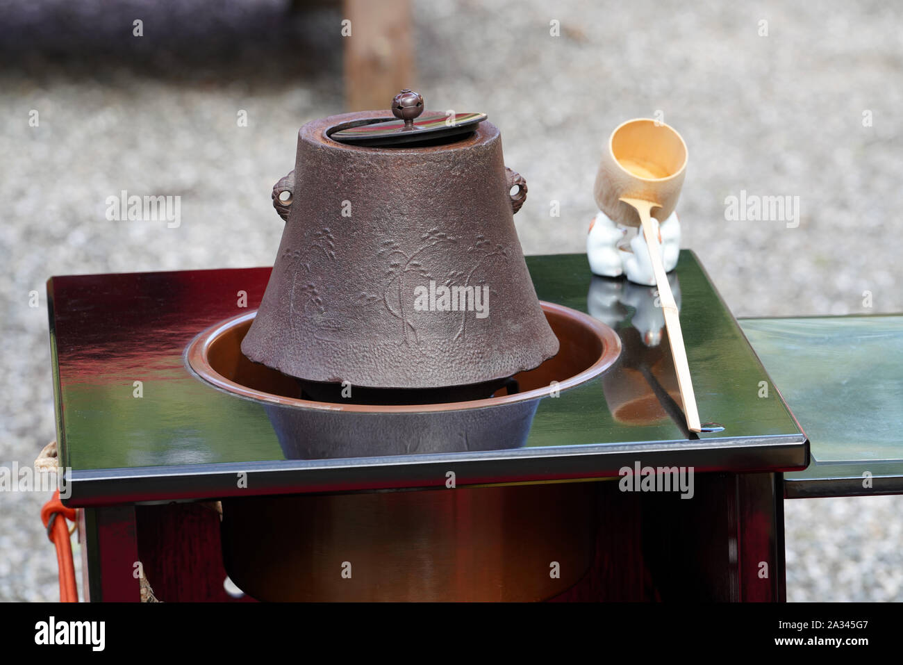 Tea set for traditional japanese green tea ceremony, iron pot, ladle