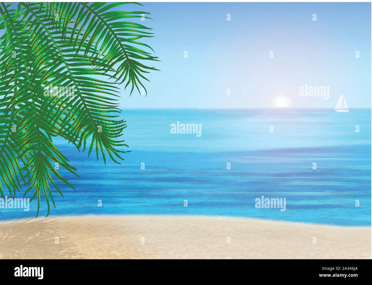 The sea, palm trees and tropical beach under blue sky. Vector illustration Stock Vector