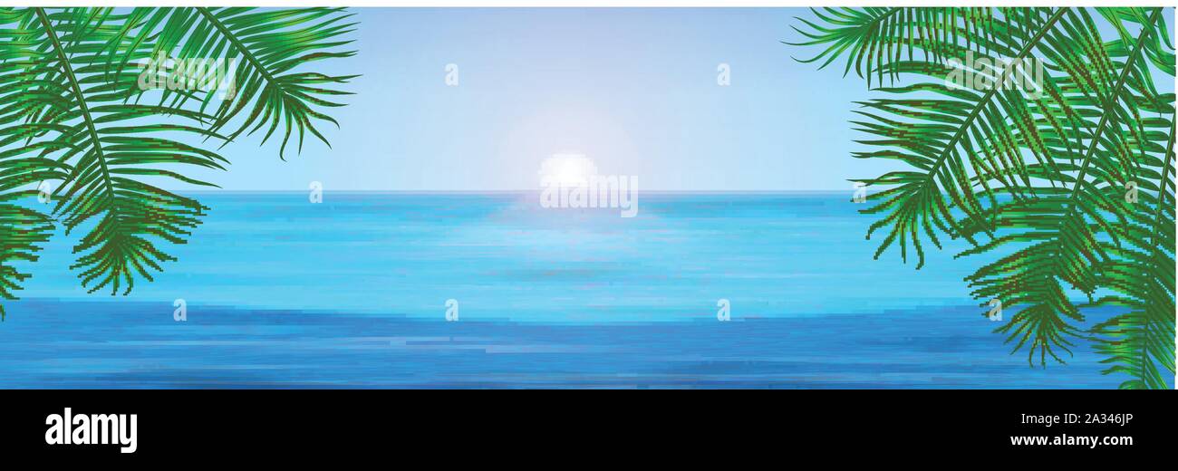 View of tropical sea between the palm trees under blue sky. Vector illustration Stock Vector