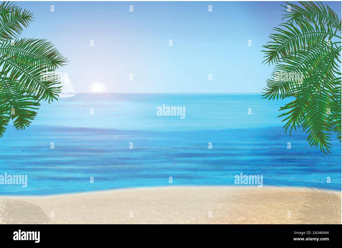 The sea, palm trees and tropical beach under blue sky. Vector illustration Stock Vector