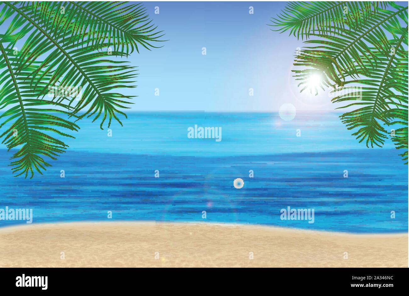 The sea, palm trees and tropical beach under blue sky. Vector illustration Stock Vector