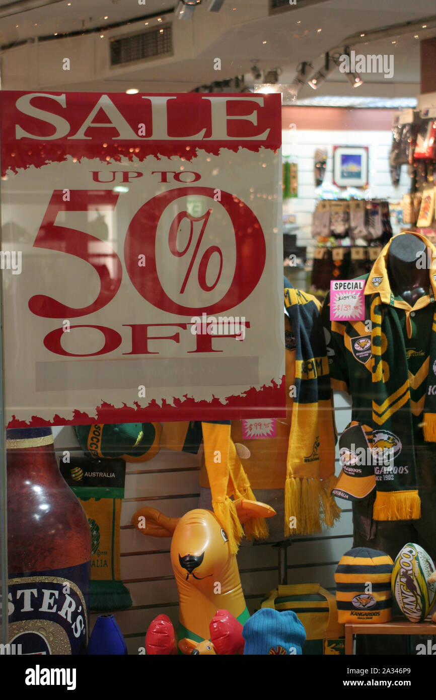 SYDNEY SOUVENIER AND SPORTING SHOP WITH 50% OFF STOCK SALE, NEW SOUTH WALES, AUSTRALIA. Stock Photo